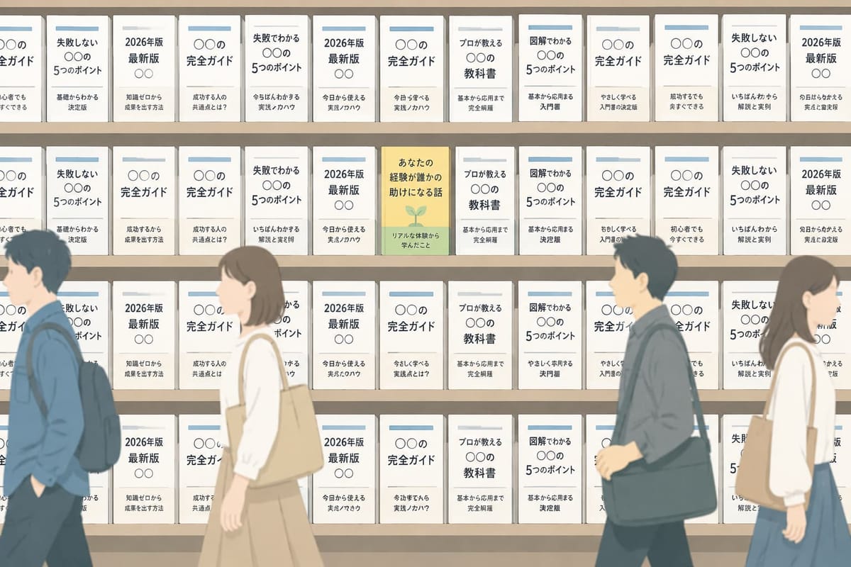 本棚に「○○の完全ガイド」「失敗しない○○の5つのポイント」「2026年版 最新版」など似たタイトルの本が並び、人々が素通りする中、「あなたの経験が誰かの助けになる話」という1冊だけが目立っているイラスト